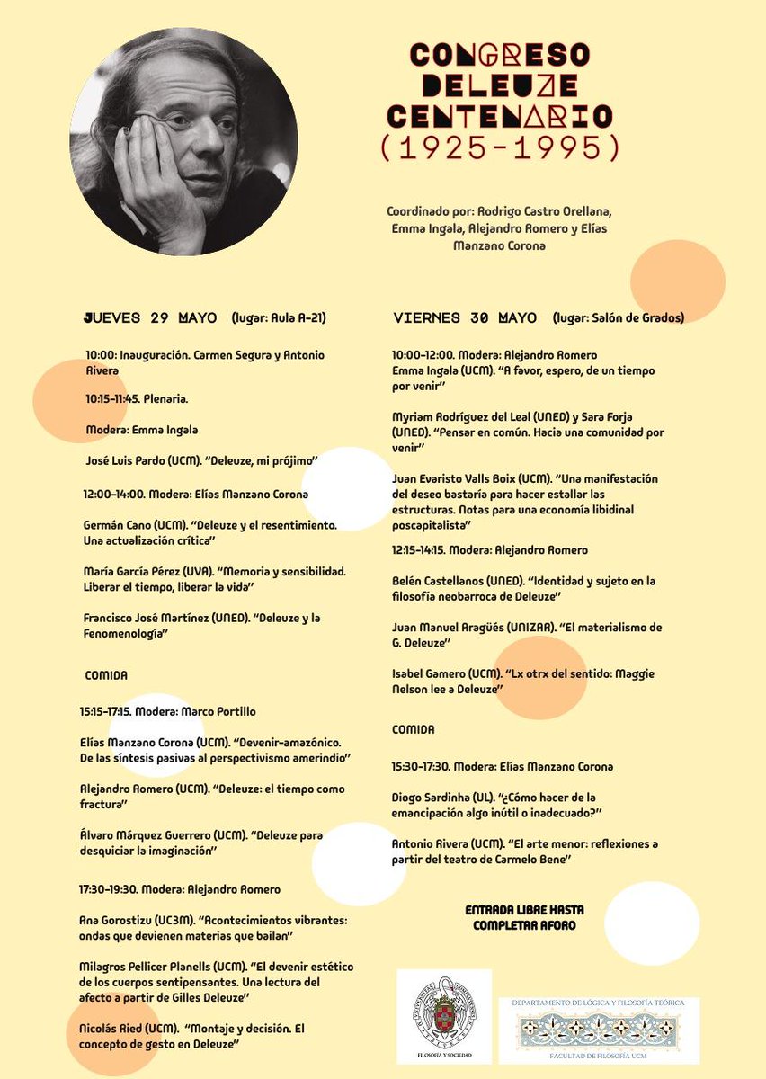 FiloSociedadUCM's tweet image. Congreso
DELEUZE CENTENARIO (1925-2025)
🗓 29 y 30 de mayo
🏠 Facultad de Filosofía UCM
Programa 👇🏻👇🏻👇🏻