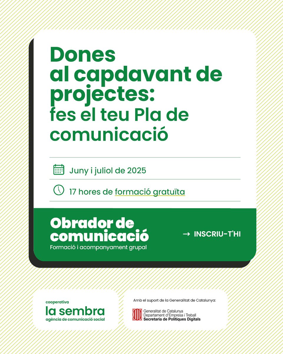 LasembraC's tweet photo. 🔥NOU OBRADOR DE COMUNICACIÓ 

Obrim inscripcions d'una formació grupal i de proximitat, que combina classes i mentoria, dirigit a #dones que lideren projectes perquè creïn el seu Pla de comunicació.

[Fil amb detalls]
Inscripcions fins el 5 de juny 👇 https://t.co/pTlX7RdUom https://t.co/McXmtz48Kj