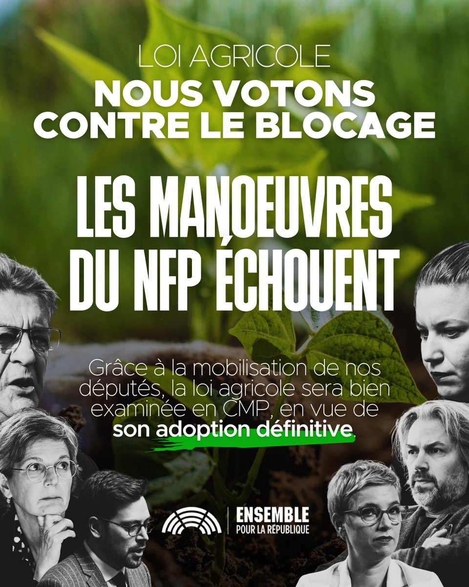 🛡 RIPOSTE À L'OBSTRUCTION | Face aux milliers d'amendements déposés par la NFP pour bloquer un texte en faveur des agriculteurs, nous faisons échouer leur stratégie avec une motion de rejet.

Résultat : le texte part en CMP. Aucune minute à perdre pour l’agriculture française.