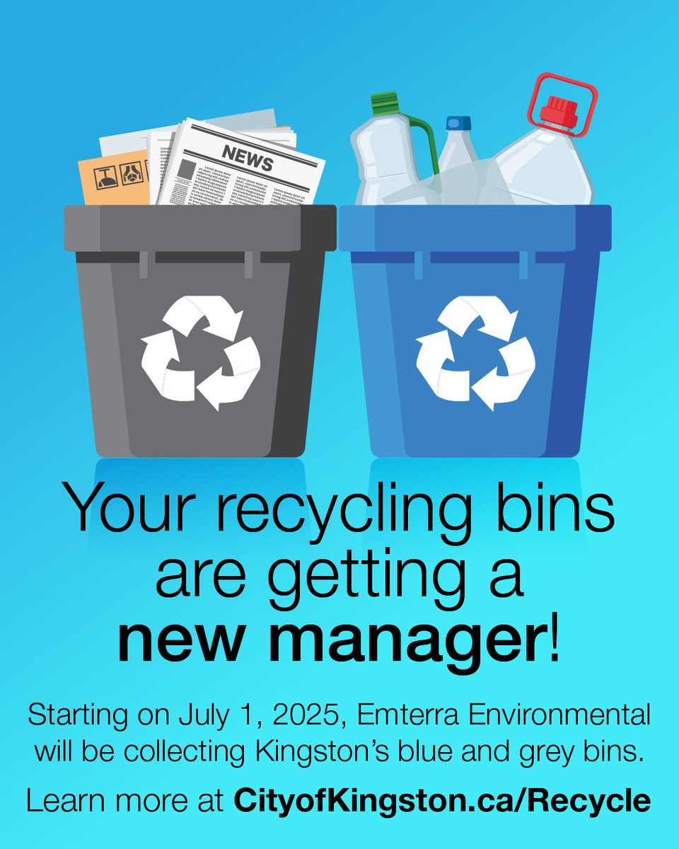 cityofkingston's tweet photo. Kingston’s recycling bins are getting a new manager! 

As part of a provincial mandate, starting on July 1 Emterra Environmental will be responsible for collecting your blue and grey bins. Your collection day and items will remain the same.

Learn more at https://t.co/Pql2ipkzOC https://t.co/izMdg7LOFa