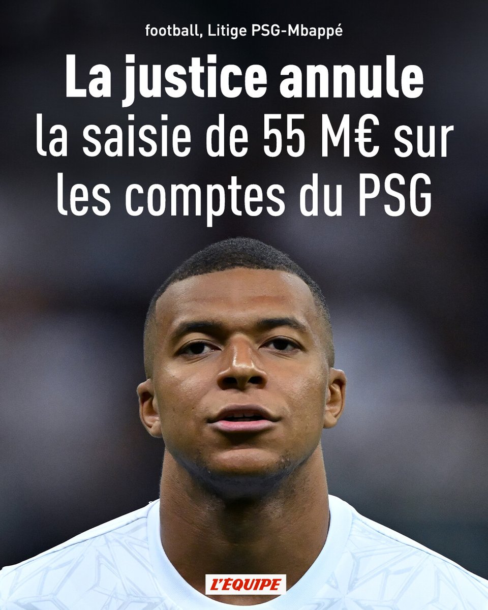 La saisie conservatoire de 55 millions d'euros ordonnée sur les comptes du PSG, obtenue en avril par Kylian Mbappé dans le cadre du litige financier entre les deux parties, a été annulée ce lundi par la justice.

➡️ l.lequipe.fr/xHx