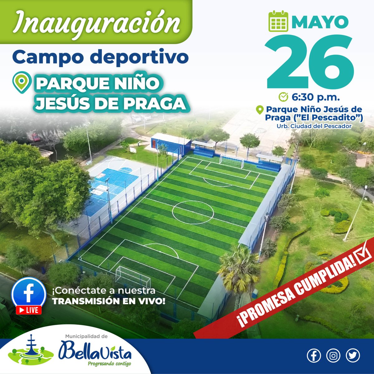 Hoy inauguramos el Campo Deportivo del Parque Niño Jesús de Praga ("El Pescadito") en Ciudad del Pescador! ⚽️✨ ¡Te esperamos desde las 6:30 pm.!
📲 Transmisión en vivo vía Facebook.