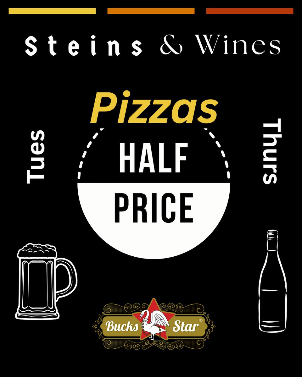 Steins &amp; Wines!

Buy a stein and get the pizza for half price EVERY TUESDAY!

- or -

Buy a bottle of wine and get the pizza for half price EVERY THURSDAY!

#offer #halfprice #tuesday #thursday #stein #beer #wine #pizza