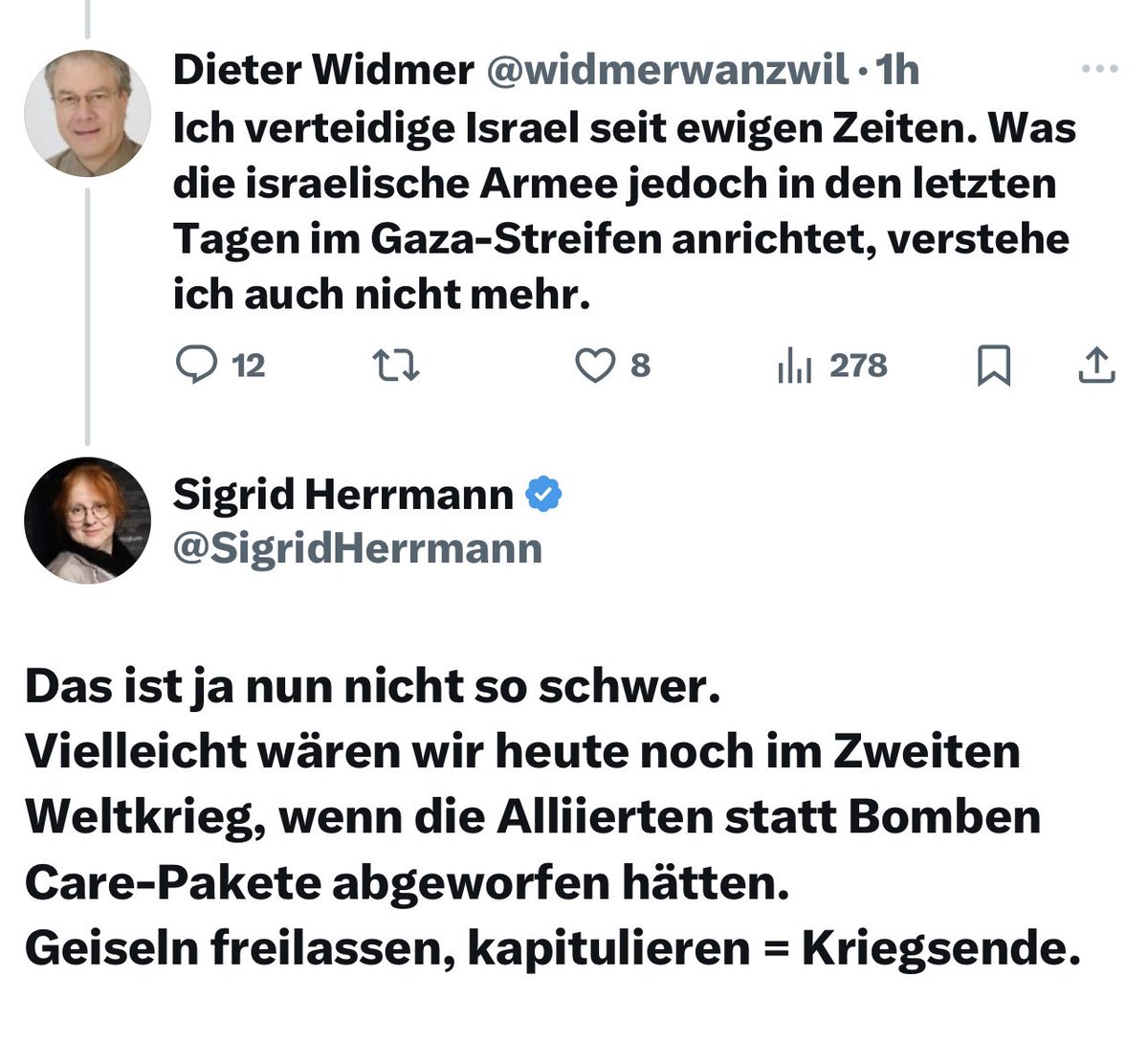 malca goldstein-wolf (@wolfmalca) on Twitter photo Womit man sich dieser Tage rumschlagen muss…
Eine Symbol-Konversation und die Frage:
Ist das wirklich so schwer zu verstehen?
Danke liebe <a href="/SigridHerrmann/">Sigrid Herrmann</a> ! 🙏 Womit man sich dieser Tage rumschlagen muss…
Eine Symbol-Konversation und die Frage:
Ist das wirklich so schwer zu verstehen?
Danke liebe <a href="/SigridHerrmann/">Sigrid Herrmann</a> ! 🙏