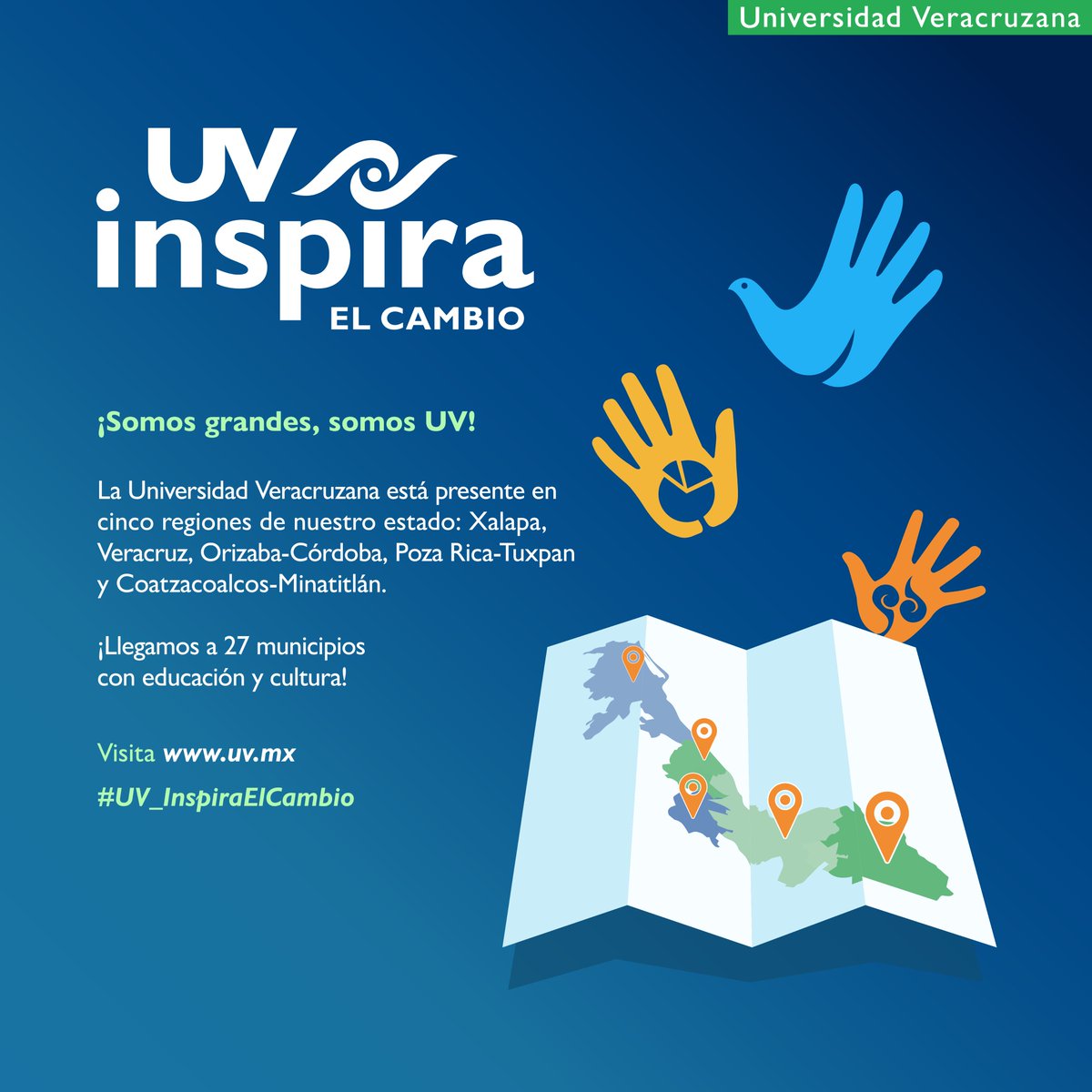 La Universidad Veracruzana está presente en cinco regiones universitarias de nuestro estado, llegamos a 27 municipios con educación y cultura. 🌎📚📖

¡Somos grandes, somos UV!

#UV_InspiraElCambio