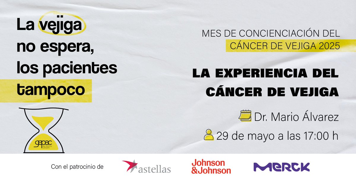 📅 ¡Reserva la fecha!

El 29 de mayo, a las 17:00 horas, tenemos un nuevo seminario online sobre #cáncer de vejiga en nuestro canal de #YouTube. 💬

🎙️ Con el Dr. Mario Álvarez.
🗣️ Título: “La experiencia del cáncer de vejiga”.

Una charla para entender, compartir y acompañar.