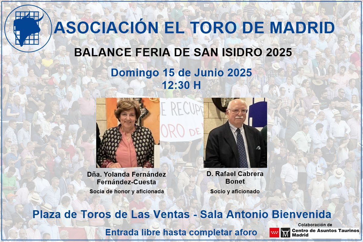 El domingo 15 de junio celebraremos nuestro tradicional balance de la feria de San Isidro. Contaremos con la presencia de nuestros socios Dña. Yolanda Fdez. Fdez.-Cuesta y D. Rafael Cabrera. Será en la Sala Antonio Bienvenida a las 12:30. Entrada libre y gratuita. ¡Os esperamos!