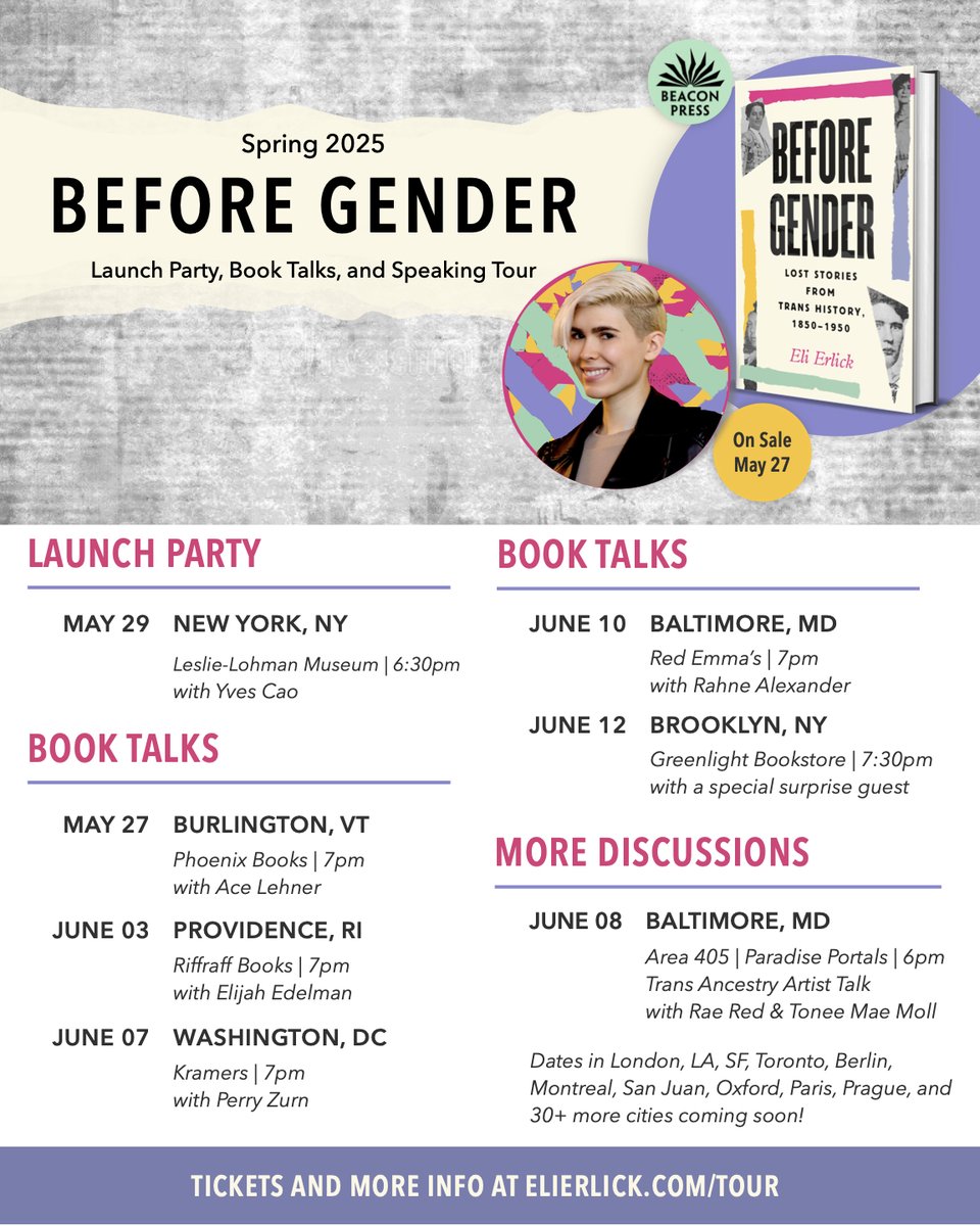 The Before Gender spring book tour lineup is out! Come visit if you’re in any of these cities. We're adding 30+ more locations this summer &amp; fall. These spaces will be somewhere people can meet and discuss issues important to them, together. See you there! elierlick.com/tour
