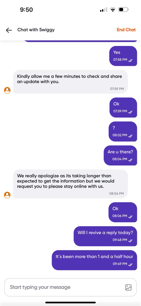 Batra1987's tweet photo. @SwiggyInstamart 
You are beating govt standards of worst customer services… I have been trying to return an item bought instamart on Sunday and was supposed to be picked up on Sunday night in two hours. Today it’s Tuesday and have been waiting on your chat from 2 hrs for reply https://t.co/1OuyR7MOIs