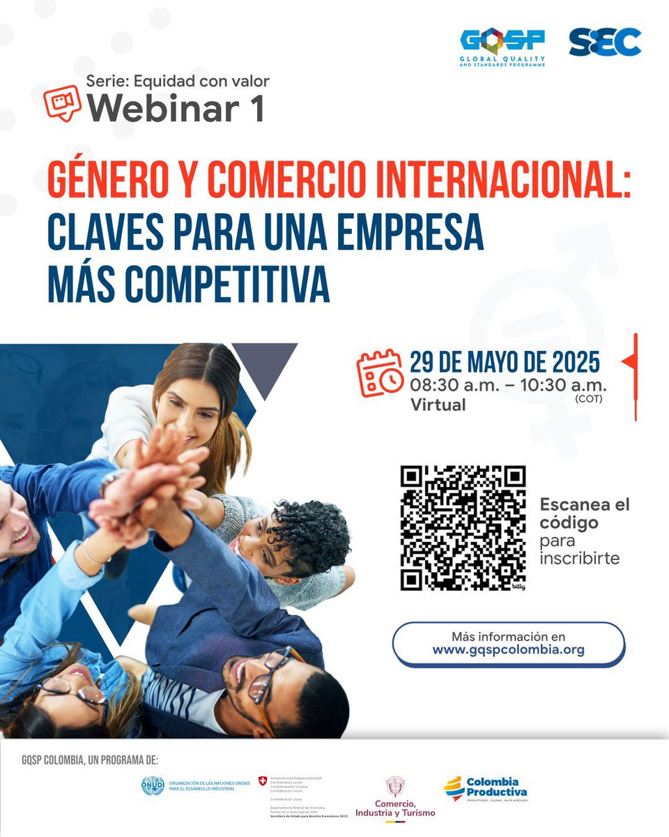 La equidad también es estrategia empresarial 🤝

Este jueves 29 de mayo, súmate al primer webinar de la serie #EquidadConValor del <a href="/GQSPColombia/">GQSP Colombia</a> : Género y comercio internacional 🌐

Inscríbete sin costo 👉 bit.ly/géneroycomerci…