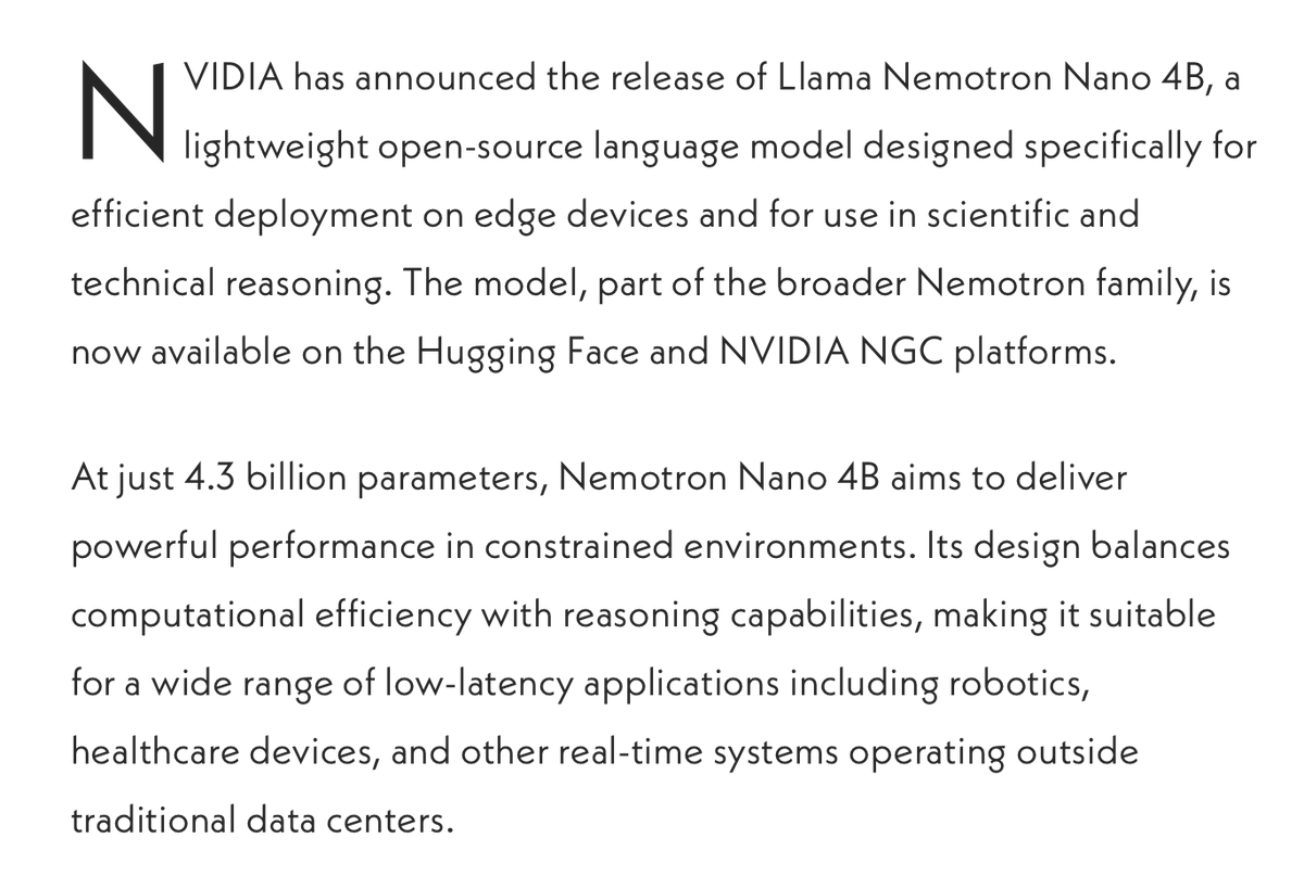 375ai_'s tweet photo. NVIDIA just announced Nemotron Nano 4B, a 4.3B param model optimized for reasoning at the edge

This enables real time AI that doesn't need the cloud to think. At 375ai, we’re building infrastructure that enables these models to run at the edge

Read their blog for more 👇 https://t.co/ThtH9bYajl