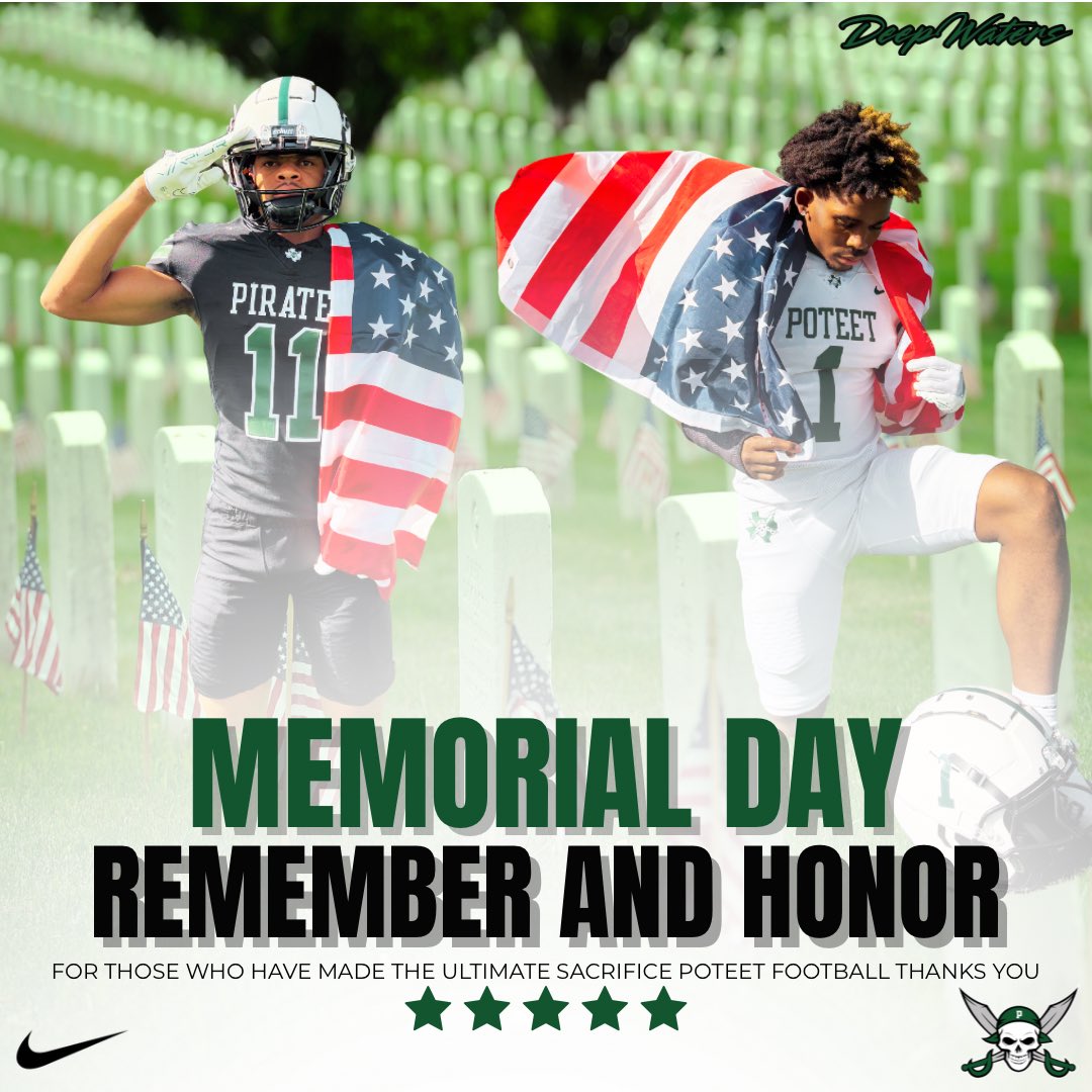 PoteetFB's tweet photo. 🇺🇸 Today, we remember.
Poteet Football honors the brave men and women who made the ultimate sacrifice for our country. Thank you for your service and courage.

#MemorialDay | #PiratePride | #DeepWaters https://t.co/t4oVrGWlAW