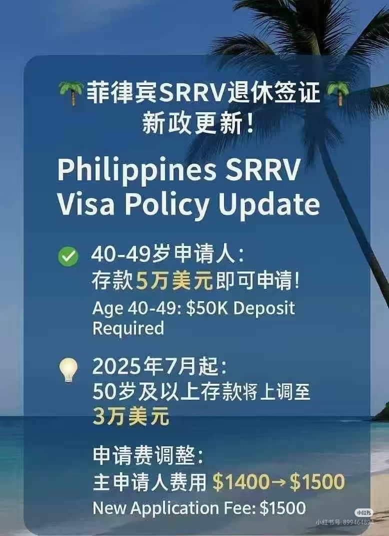 菲律宾养老签证新规！ 1.退休署调整申请年龄为40-49岁，存入退休署费用也有所变更为5万美金；  2.但是7月之前仍然是2W；从7月申请人存款金额将提高到3万美金！ 3.主申请人的费用也进行调整：从之前的1400美金调整为1500美元！