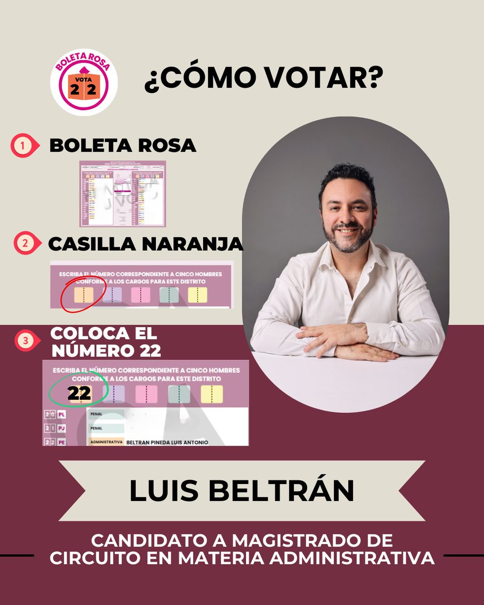 ¡Estoy listo para defender tus derechos!

Faltan muy pocos días para el 1 de junio, y quiero recordarte cómo puedes votar por mí si vives en las alcaldías Gustavo A. Madero o Azcapotzalco.

Boleta rosa. 🩷
Columna derecha-casilla naranja. 🟧¦🟧
Escribe 2️⃣2️⃣ a dos dígitos.

🏛️