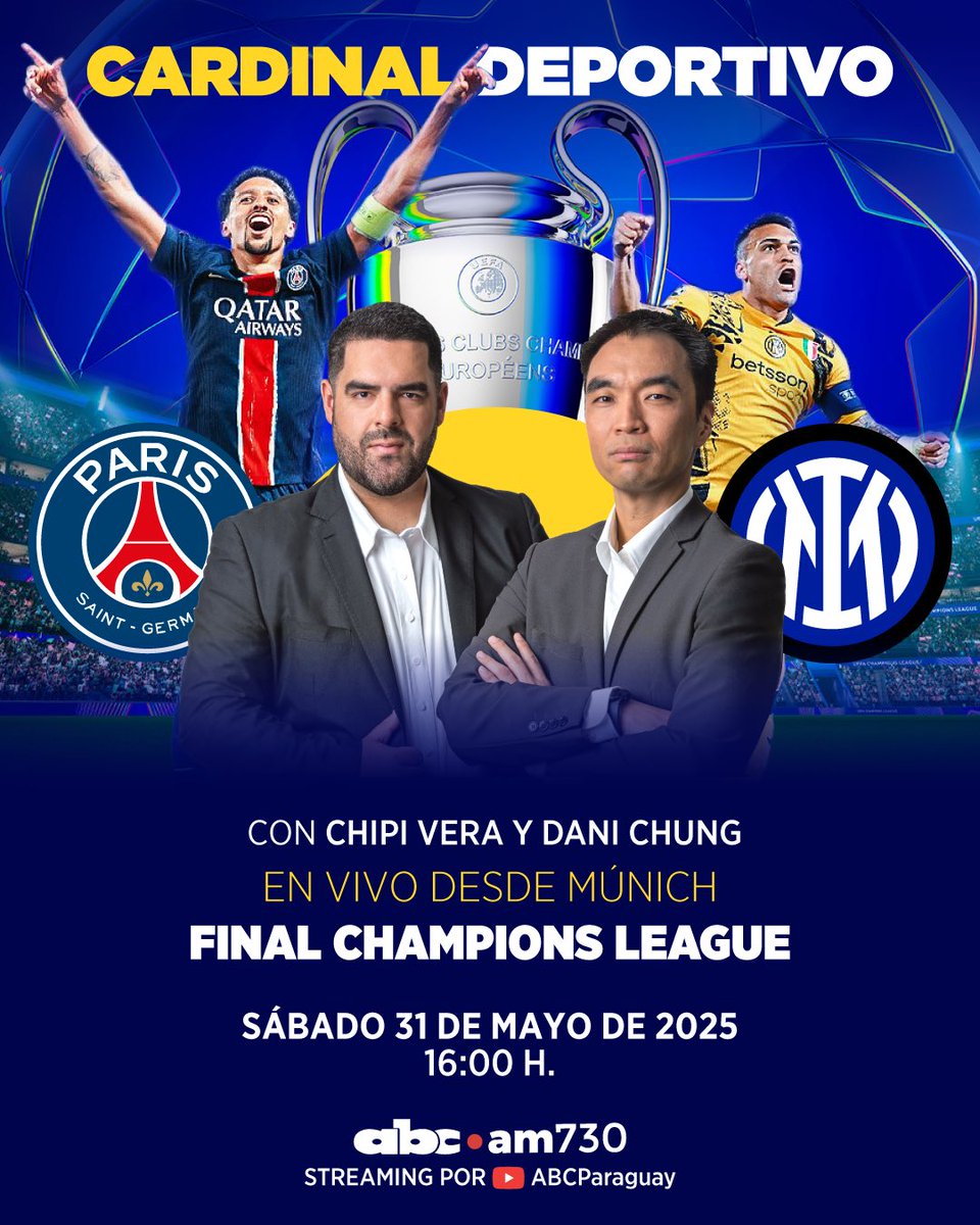 #ChampionsXABC | HISTÓRICO 🤩

🏆 @abccardinal ES BROADCASTER OFICIAL DE LA FINAL DE LA UEFA CHAMPIONS LEAGUE. 

🏟️ @chipivera89 y @danichung viajan a Múnich para relatar y comentar la final entre el Inter y París Saint Germain, desde el Allianz Arena del Bayern para la ¡radio