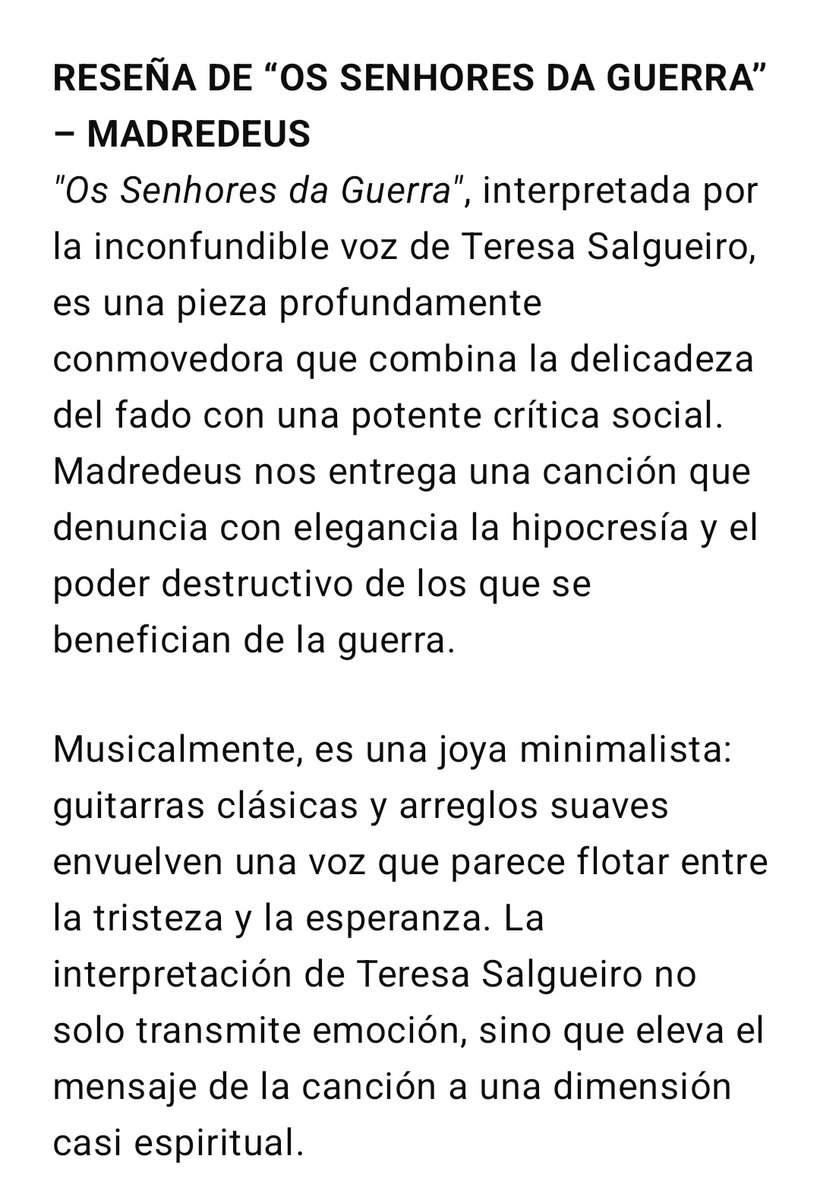 JA1967's tweet photo. Teresa Salgueiro no canta, flota.
En Os Senhores da Guerra de Madredeus, su voz se convierte en un lamento celestial contra la violencia del mundo.
La voz más hermosa de la música de todos los tiempos.
#Madredeus #TeresaSalgueiro #Fado #MúsicaEterna https://t.co/TwPSxGO4gy