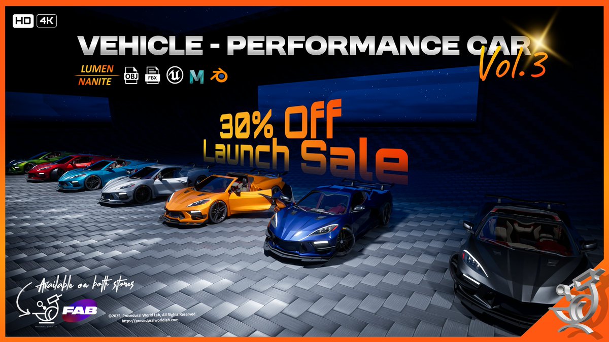 ProceduralWdLab's tweet image. 🚗 Vehicles Performance Vol.3 with interiors is now live on Fab! 📷 Get 30% OFF during the exclusive launch sale! Fully-equipped, detailed 3D cars – ready for your next project. 📷#3DModeling #UnrealEngine #GameDev #3DCars