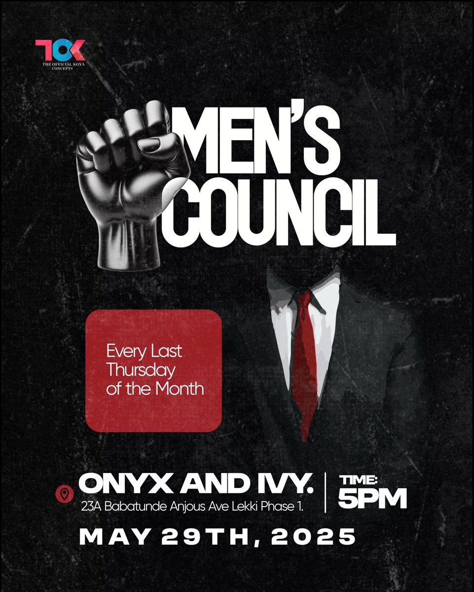 theofficialkoya's tweet photo. Real talk. No filters.
Just Men building, healing, and evolving.
Welcome to the Men’s Council where strength meets vulnerability. 💬🖤
Join us this Thursday 29th May at Onyx and Ivy Babatunde Anjous Ave Lekki Phase 1.
#MensCouncil #Brotherhood #MenWhoLead #SafeSpaceForMen https://t.co/H4lVmRr6d4