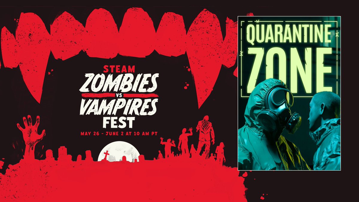 Hey, everyone!

Quarantine Zone is part of Zombies Vs Vampires Fest hosted on #Steam. 

The Fest starts today, May 26th at 10 AM PST and lasts till June 2nd 10 AM PST.

Play our demo during the Fest:
store.steampowered.com/app/3525400/Qu…

#indiegame #indiedev #gamedev #ue5