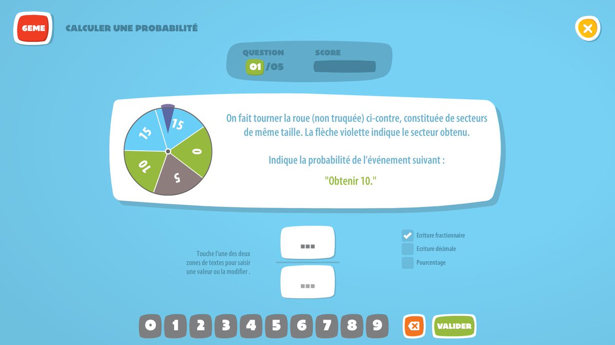 Nouvel exercice en développement dans la future #appli_maths Aléa : calculer une probabilité [6eme] : roues, dés, urnes, lettres, tableaux, cartes...