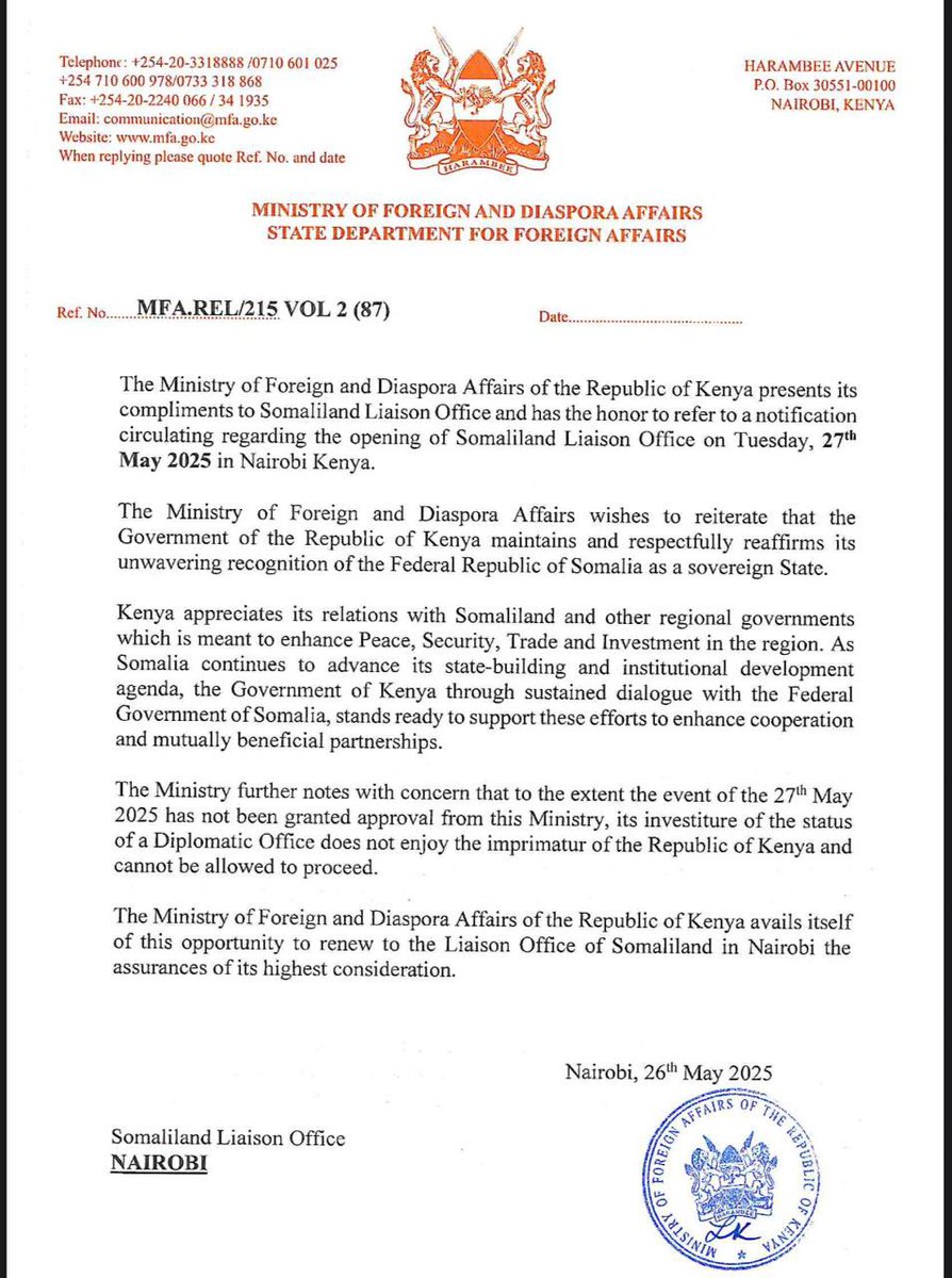 HarunMaruf's tweet photo. Kenya has issued a second statement clarifying on the situation of Somaliland’s liaison office in Nairobi which was reportedly preparing to inaugurate a new building on May 27. Kenya says the event has not been granted approval of its foreign ministry and “does not enjoy the imprimatur” of the Republic of Kenya, and “cannot be allowed to proceed.”

The Somaliland president @Abdirahmanirro is in Nairobi reportedly to inaugurate the new building.
