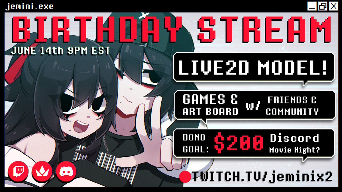 jemini.exe is launching for beta. 
//Saturday, June 14th 9 PM EST//

(Totally not a) #VtuberDebut, just a large birthday system update.

Play games with me and give me some tier list submissions for stream! Maybe help upgrade the software?

🔗 twitch, discord, throne⬇️