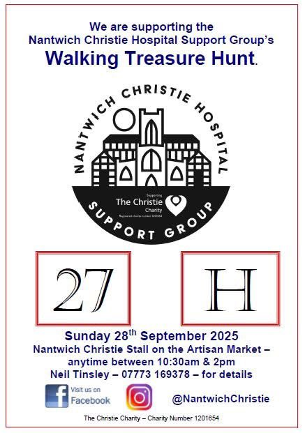 NantwichGroup's tweet photo. NEW EVENT: Walking Treasure Hunt, Sunday 28th September.

We are looking for Nantwich shops and businesses who are willing to display “clues” in their windows for us. If you can help please contact Neil on 07773 169378 https://t.co/lELyboSsXE