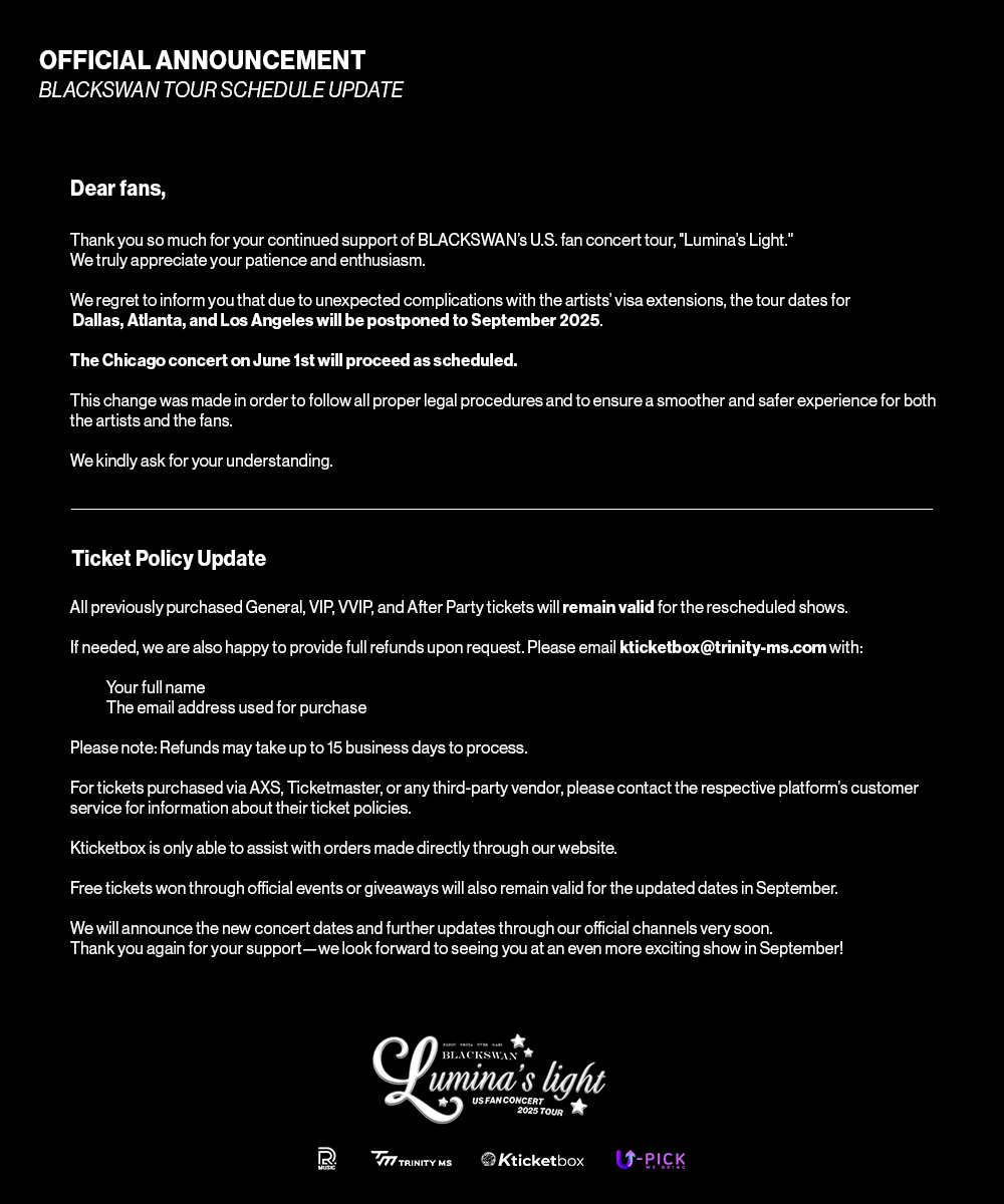 Kticketbox's tweet photo. 📢 [Official Announcement] BLACKSWAN Tour Schedule Update

Dear fans,

Thank you so much for your continued support of BLACKSWAN’s U.S. fan concert tour, "Lumina’s Light." We truly appreciate your patience and enthusiasm. https://t.co/mzqiAiPqhe
