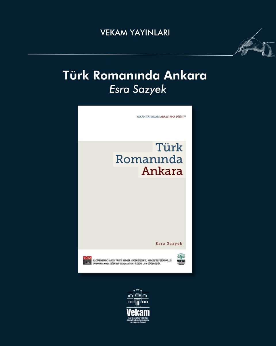 Esra Sazyek’in kaleme aldığı Ankara’nın edebi temsillerine odaklanan ve TÜBA-TESEP Bilim Ödülü'ne layık görülen “Türk Romanında Ankara” kitabı VEKAM Yayınları’nda.

214 romanın incelendiği bu eser, başkentin kurmaca dünyadaki izlerini sürüyor. vekam.ku.edu.tr/turk-romaninda…

#VEKAM