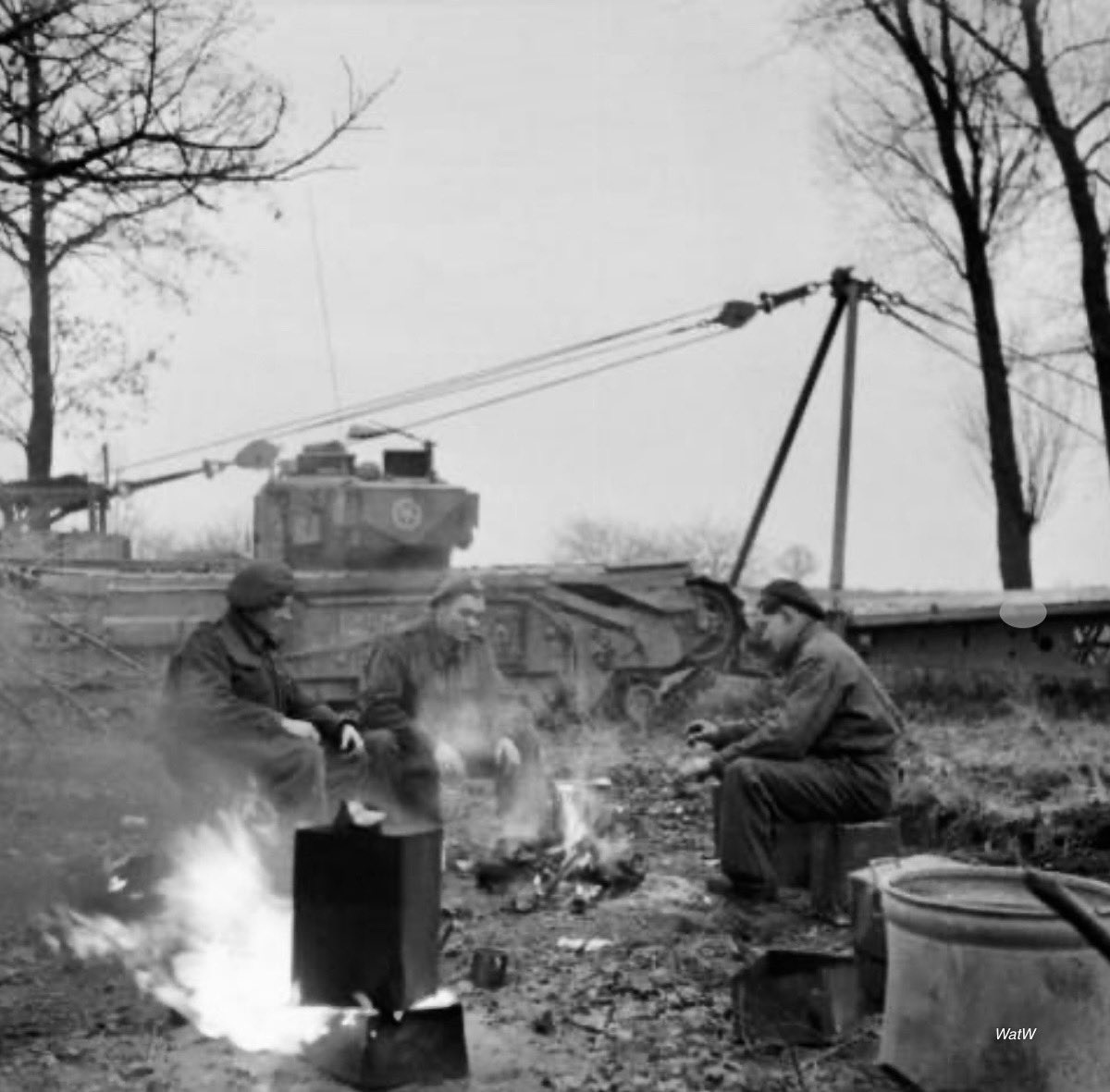 TheWorldatWar2's tweet photo. British Churchill AVRE crew stop their advance for a cup of tea - Venlo, Netherlands, Nov 1944 #netherlands #venlo #holland #avre #tank #churchill #brew #cupoftea #tea #breaktime https://t.co/bIX1MLDMef