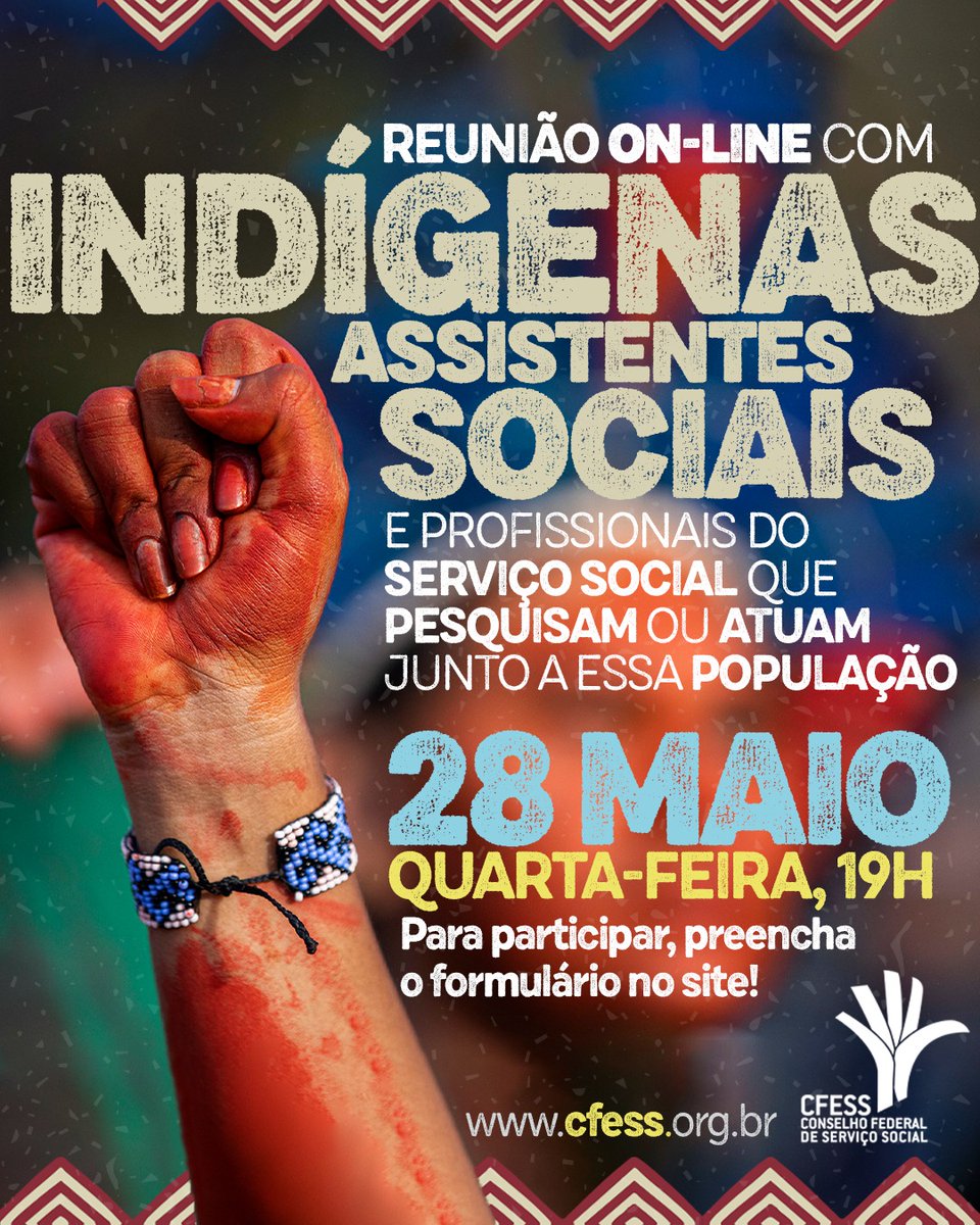 CfessOficial's tweet photo. 📣 Temos um convite especial para indígenas assistentes sociais e quem atua ou pesquisa a questão indígena!
No dia 28 de maio, às 19h, o CFESS quer ouvir e dialogar com você!
✅ Inscreva-se e saiba mais em: https://t.co/VogZjS7N4O
#ServiçoSocial #CFESS #PovosIndígenas https://t.co/zPESZTdWyJ