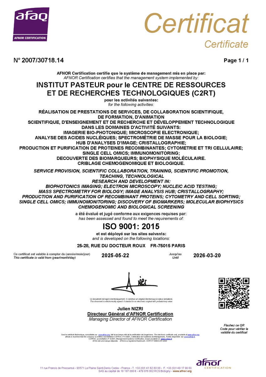 PF-CCB (@pf_ccb_pasteur) on Twitter photo Thrilled to announce that our Chemogenomic and Biological screening platform at <a href="/institutpasteur/">Institut Pasteur, since 1887</a> is now ISO 9001 certified!
This certification reflects our commitment to quality across all our research activities. #ISO9001 #ResearchExcellence #Innovation <a href="/TechnoPasteur/">C2RT - Research and Resource Technology center</a> Thrilled to announce that our Chemogenomic and Biological screening platform at <a href="/institutpasteur/">Institut Pasteur, since 1887</a> is now ISO 9001 certified!
This certification reflects our commitment to quality across all our research activities. #ISO9001 #ResearchExcellence #Innovation <a href="/TechnoPasteur/">C2RT - Research and Resource Technology center</a>