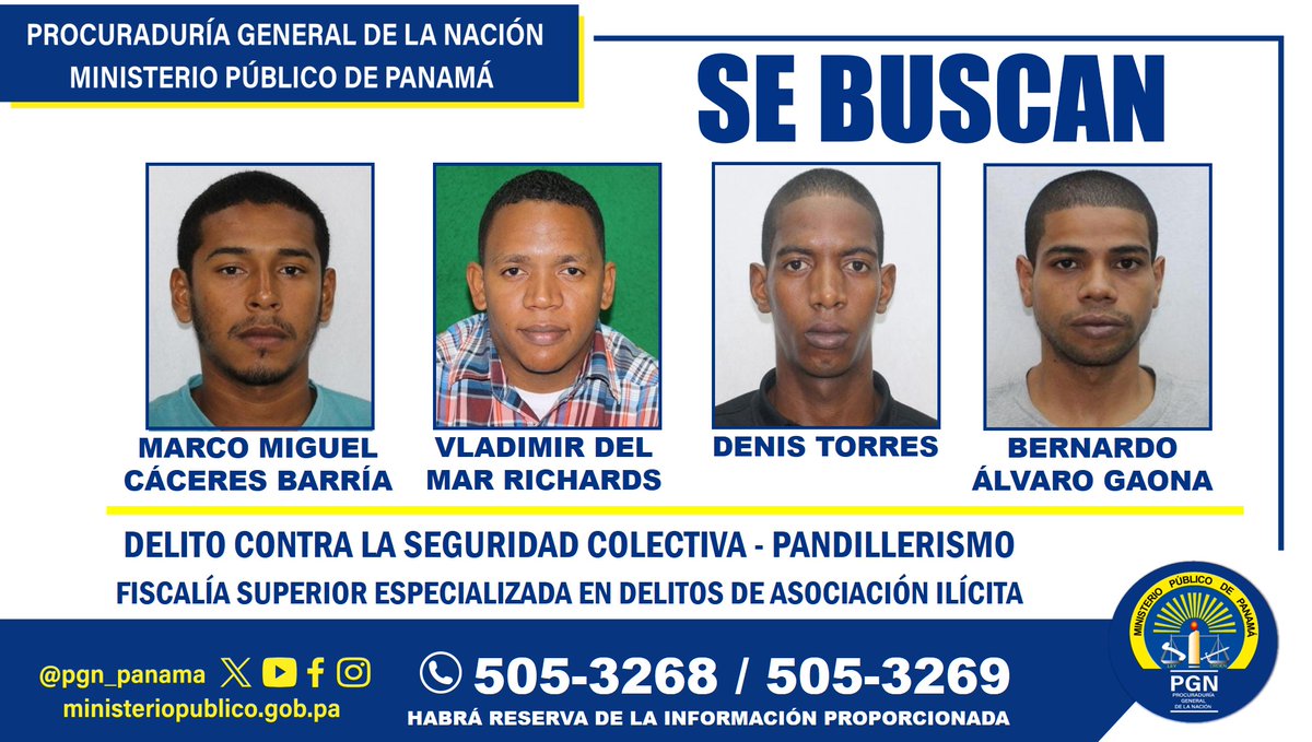 #MásBuscados| Se solicita la colaboración ciudadana para ubicar a cuatro personas investigadas por el delito de pandillerismo ministeriopublico.gob.pa/mas-buscados/s…