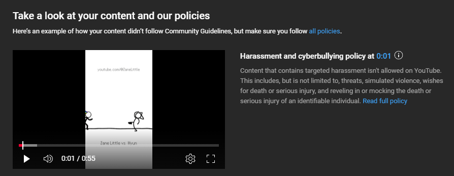Excuse me?? <a href="/YouTube/">YouTube</a> can someone explain to me why this is harassment or cyberbullying?? My appeal was rejected as well and support told me I was out of luck.

Normally I just take it but this time I'm quite furious. I am beyond 100% positive this is a false takedown.