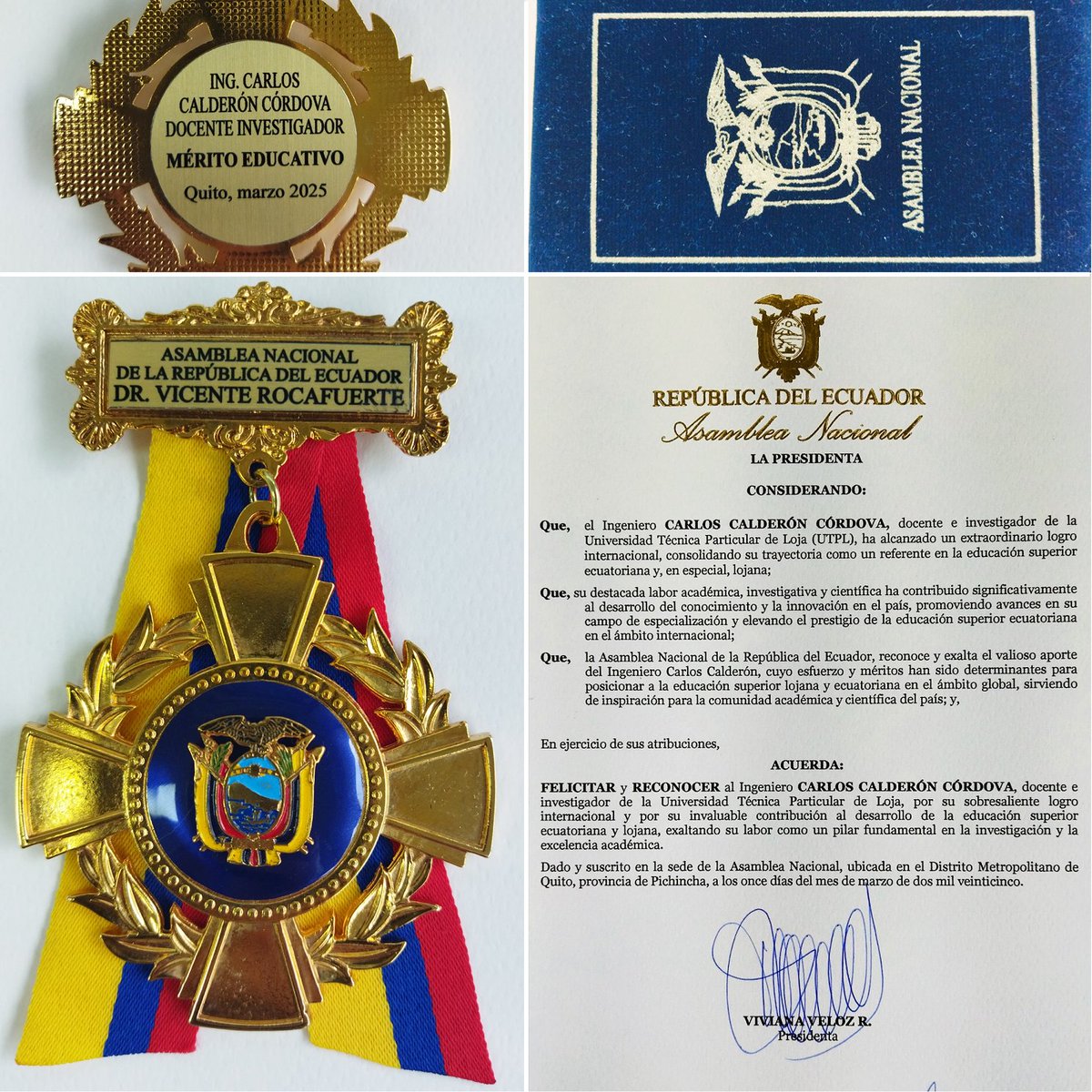 🎖🇪🇨Con gratitud, recibo la Condecoración "Dr. Vicente Rocafuerte" al Mérito Educativo y el Acuerdo Legislativo otorgados por la <a href="/AsambleaEcuador/">Asamblea Nacional</a>, en reconocimiento a nuestros aportes a la #Educación #Superior del país y a la investigación aplicada al sector productivo y social.