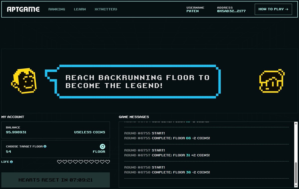 8Paten's tweet image. Been trying out APT Game by @radius_xyz lately. It&apos;s a pretty simple daily game: pick a floor from 1-128, hope for the best, and aim to be the &apos;Backrunner&apos;. It&apos;s got a Web3 touch, as you connect your wallet. A fun little daily distraction. Give it a try! #AptGame #Radius