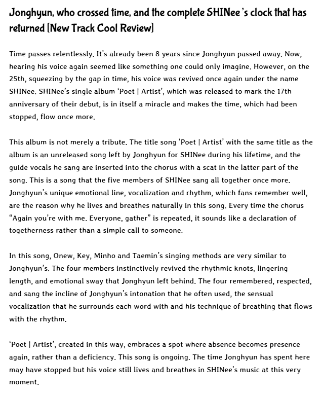InTheJinkiWorld's tweet photo. "Jonghyun, who crossed time, and the complete SHINee’s clock that has returned [New Track Cool Review]"
https://t.co/hkxMAzACja

"The current SHINee no longer make songs that are consumed quickly. Instead, they have chosen to linger."

#SHINee #SHINee_PoetlArtist #샤이니 #SHAWOL https://t.co/CXfxy9gerq