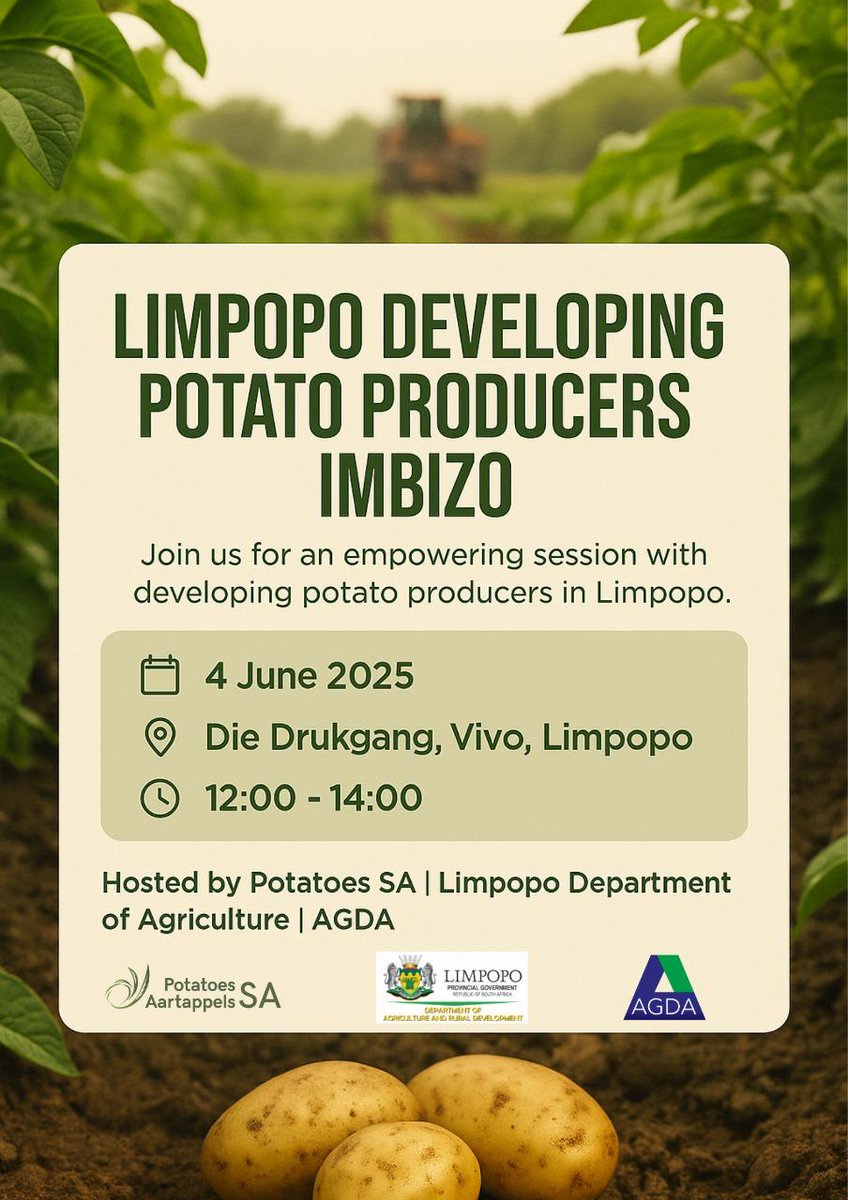 AGDA - Agricultural Development Agency (@agdaagency) on Twitter photo Join us for the Limpopo Developing Potato Producers Imbizo. Hosted by Potatoes SA | Limpopo Department of Agriculture | AGDA. Looking forward to seeing you there. <a href="/potatoes_za/">Potatoes South Africa</a> #Agriculture #FarmingTheFuture #Sustainability #AGDA Join us for the Limpopo Developing Potato Producers Imbizo. Hosted by Potatoes SA | Limpopo Department of Agriculture | AGDA. Looking forward to seeing you there. <a href="/potatoes_za/">Potatoes South Africa</a> #Agriculture #FarmingTheFuture #Sustainability #AGDA