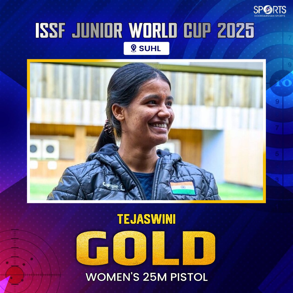 जर्मनी के सुहल में आयोजित ISSF जूनियर वर्ल्ड कप में तेजस्विनी ने 'महिला 25 मीटर पिस्टल स्पर्धा' में गोल्ड मेडल जीतकर देश का नाम रोशन किया।  🇮🇳🎯

शानदार प्रदर्शन, पूरे देश को तुम पर गर्व है! 👏🏻✨

#Tejaswini #ISSFWorldCup #Suhl2025 #GoldMedal #TeamIndia #ShootingStar #ProudMoment