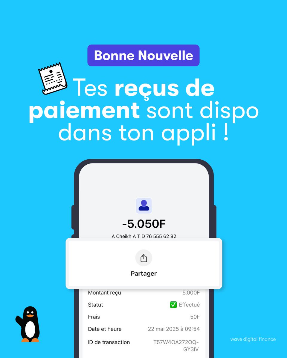 WaveSenegal's tweet photo. 🌟Nouveau sur votre Application:🌟

Désormais envoyez vos reçus de transactions en toute tranquillité et votre solde reste privé.🧾📲
Ak Wave, ay preuves ngay am ci soutura. ✅

#Wave #Reçus #Saxalissyayborom https://t.co/LKCkKqoaeK