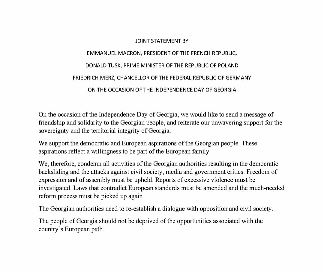 Peter Fischer (@diplo_peter) on Twitter photo Joint Statement of <a href="/EmmanuelMacron/">Emmanuel Macron</a> 🇫🇷
<a href="/donaldtusk/">Donald Tusk</a> 🇵🇱
<a href="/bundeskanzler/">Bundeskanzler Friedrich Merz</a> 🇩🇪
on the occasion of the
Independance of Georgia 🇬🇪 Joint Statement of <a href="/EmmanuelMacron/">Emmanuel Macron</a> 🇫🇷
<a href="/donaldtusk/">Donald Tusk</a> 🇵🇱
<a href="/bundeskanzler/">Bundeskanzler Friedrich Merz</a> 🇩🇪
on the occasion of the
Independance of Georgia 🇬🇪