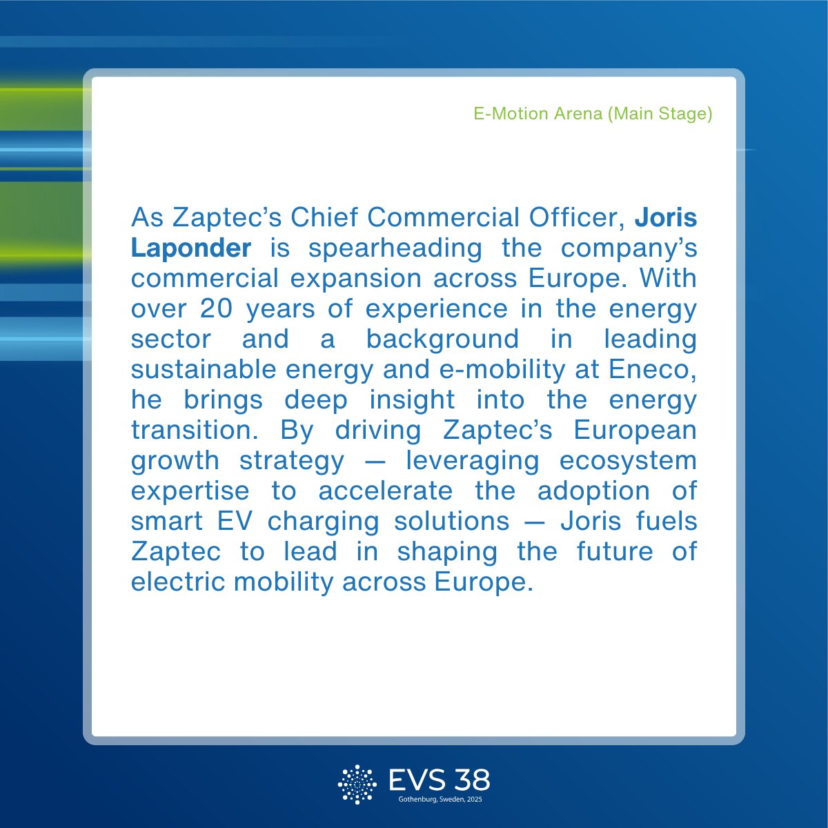 EVS_Europe's tweet photo. Joris Laponder (https://t.co/8zh1lfO3ZQ), Chief Commercial Officer of Zaptec, will deliver a speech on the Main stage, Monday 16th June.

🎤 Vehicle to Grid: Can EVs Revolutionize the Energy Game? 

📆 16 June 2025
📍Gothenburg, Sweden https://t.co/UPGskmL3Dc