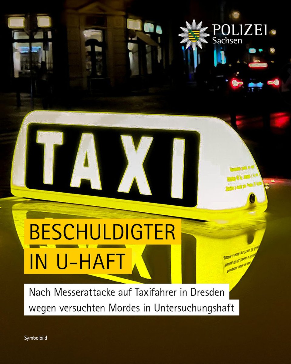 Ein 28-Jähriger befindet sich nach einer Messerattacke am 22. Mai auf einen Taxifahrer in #Dresden wegen versuchten Mordes in Untersuchungshaft. Der Vorbestrafte bestreitet die Tat, die Ermittlungen dauern an.

Zur Meldung der Polizeidirektion Dresden: polizei.sachsen.de/de/MI_2025_114…