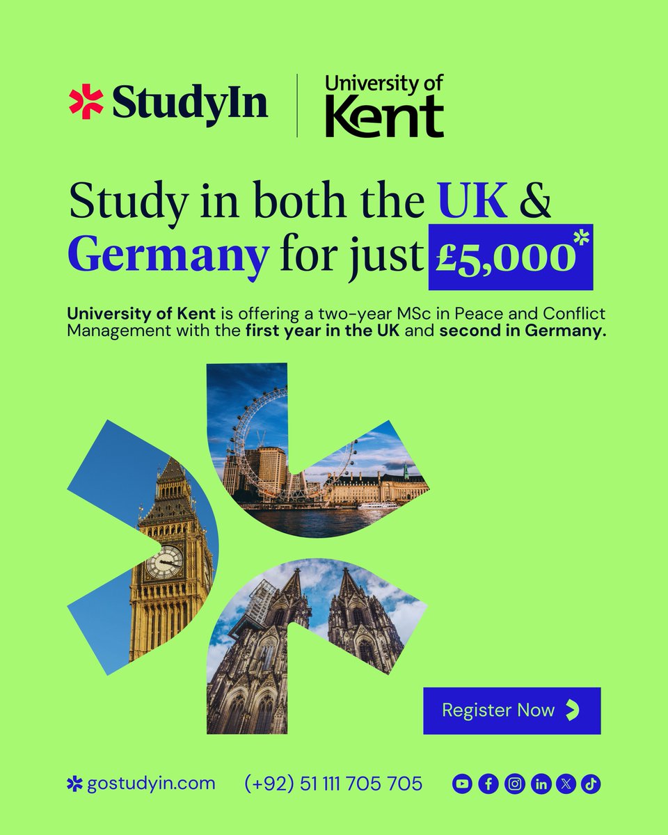 pk_studyin's tweet photo. StudyIn and the University of Kent are offering the opportunity of a lifetime.
The first year of the MSc in Peace and Conflict Management programme is in the UK and the second year is in Germany for £5,000!
Take your first step toward studying abroad: https://t.co/fybppS6qmi https://t.co/BtnE0y9Lgm