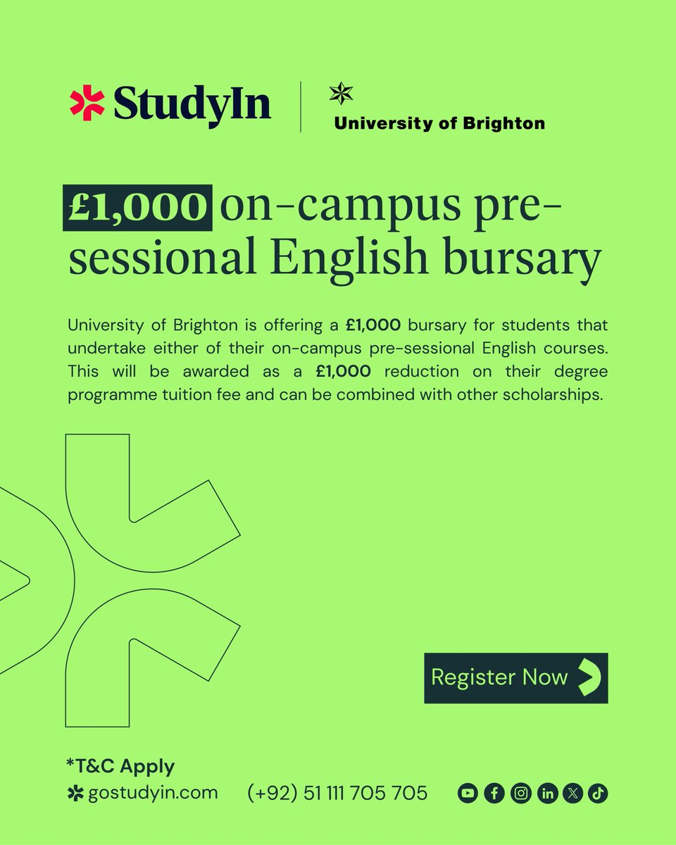 pk_studyin's tweet photo. With StudyIn, you can get a £500 early-bird confirmation discount and £1,000 bursary at the University of Brighton!

Take your first step toward studying abroad: https://t.co/fybppS6qmi https://t.co/0rwP1wm4BR