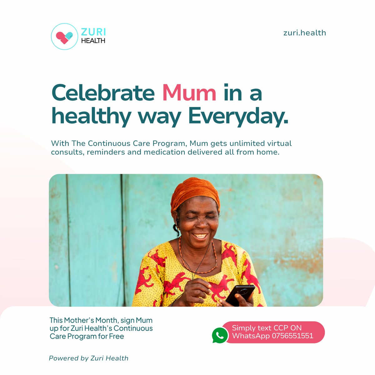 Have you ever wondered how your mum managed to take care of all her kids and she is still doing it? 🤔

This Mother’s Month, sign her up for Zuri Health’s Continuous Care Program for FREE.

Simply text CCP ON WhatsApp to 0756551551

👉 Terms and Conditions Apply

#MothersMonth