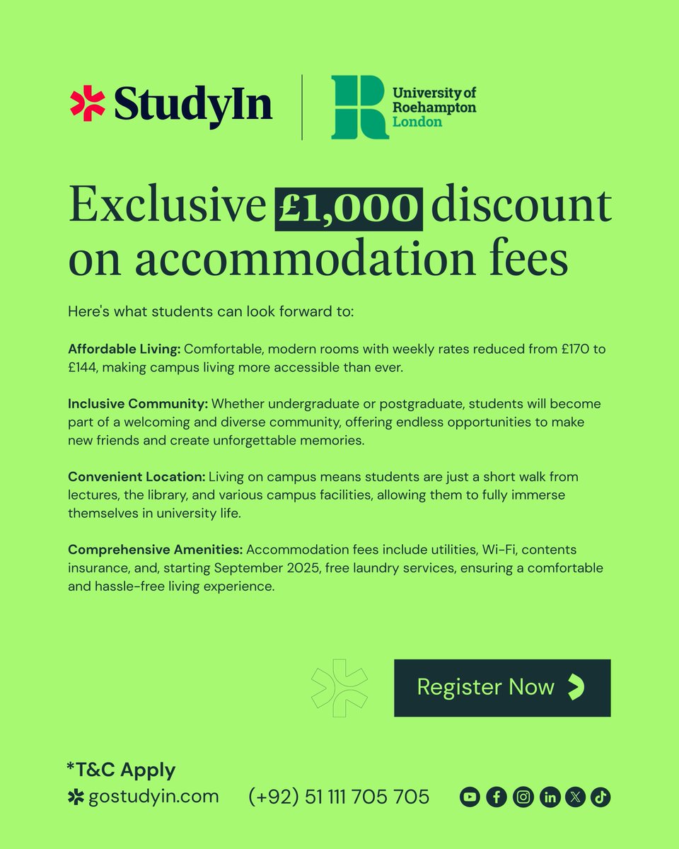 pk_studyin's tweet photo. Get an exclusive £1,000 discount on accommodation fees at the University of Roehampton with StudyIn!

Take your first step toward studying abroad: https://t.co/fybppS6qmi https://t.co/a8oXOFwZzo