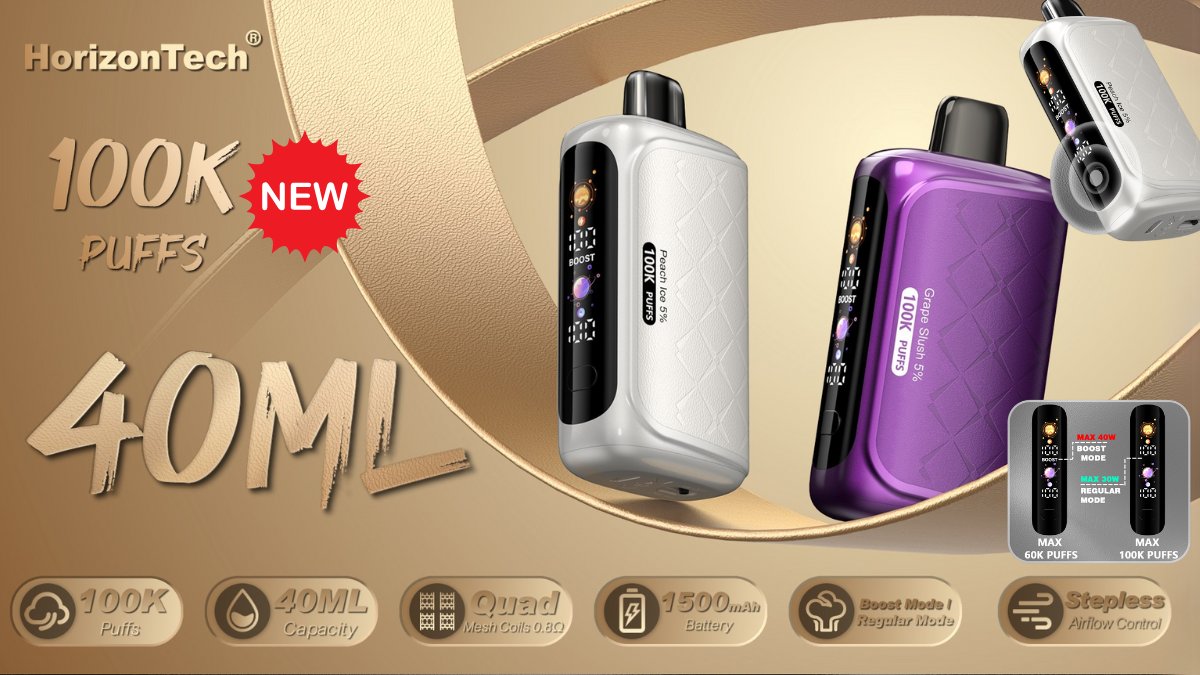 HorizonTech just dropped a beast.  100K Puffs | 40ML | Quad Mesh Coil |  Leather Grip This isn't just a vapeit's a statement. Now in 12 bold flavors.  #HorizonTech100K #LeatherVape #QuadMesh #