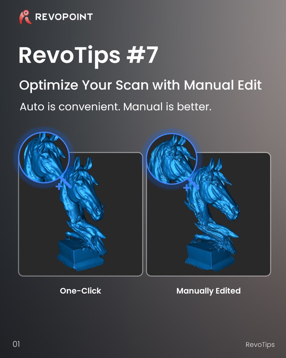 Revopoint3d's tweet photo. #RevoTips 7: Optimize Your Scan with Manual Edit
One-click editing is great for beginners, but may not always be faster or better. For pro-level accuracy or higher quality accuracy, manual edits provide essential control.
👇 Not getting the results you expected? Check the tips below.
#Revopoint #MIRACO #RevoScan #3DScanning #3DScanner