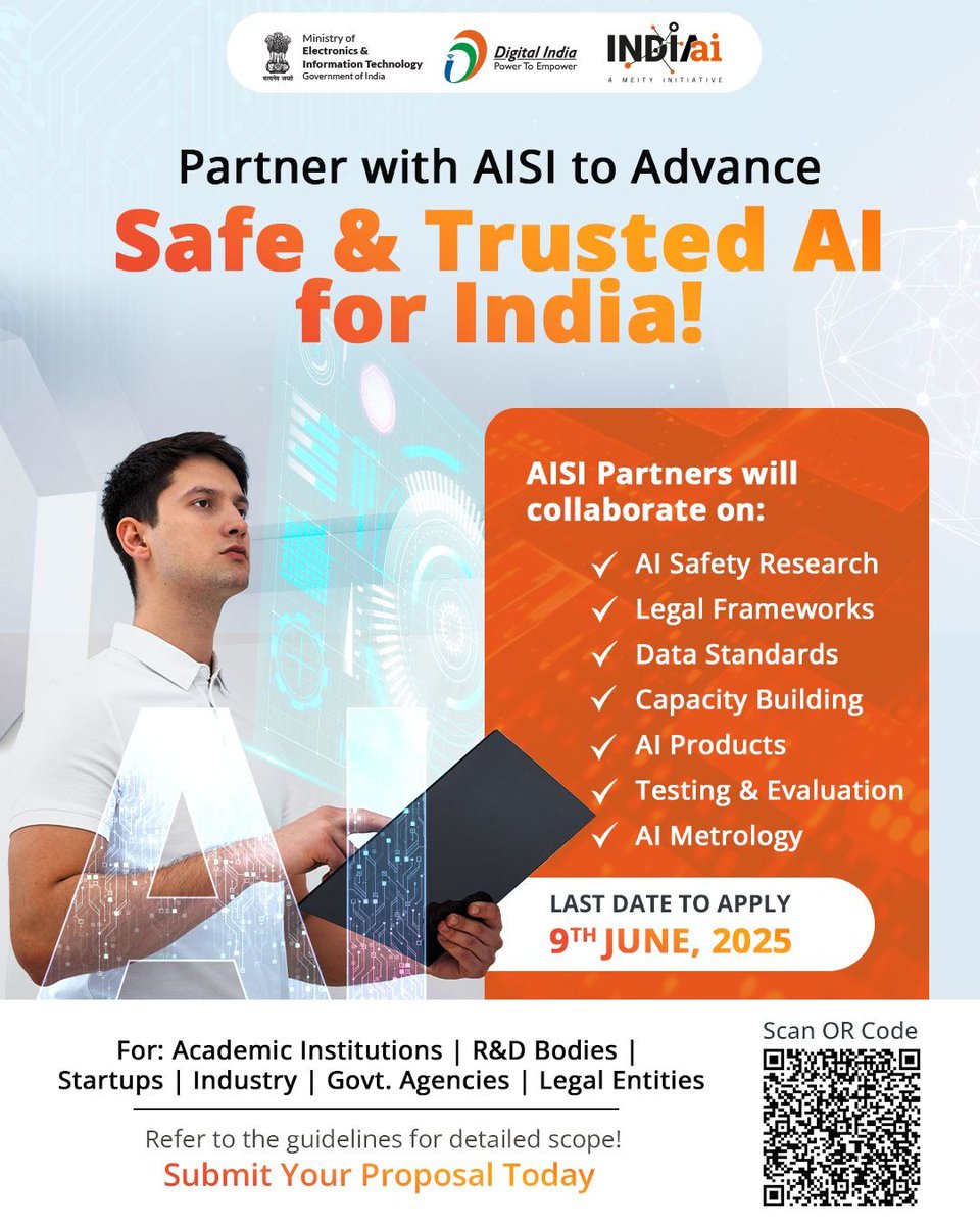 IndiaAI (@officialindiaai) on Twitter photo 📢 Call for Strategic Collaborations | IndiaAI Safety Institute (AISI)
.<a href="/GoI_MeitY/">Ministry of Electronics & IT</a> under the IndiaAI Mission, invites academic and research institutions, startups, industry leaders, legal entities, autonomous bodies, and government agencies to submit proposals under the Call for 📢 Call for Strategic Collaborations | IndiaAI Safety Institute (AISI)
.<a href="/GoI_MeitY/">Ministry of Electronics & IT</a> under the IndiaAI Mission, invites academic and research institutions, startups, industry leaders, legal entities, autonomous bodies, and government agencies to submit proposals under the Call for